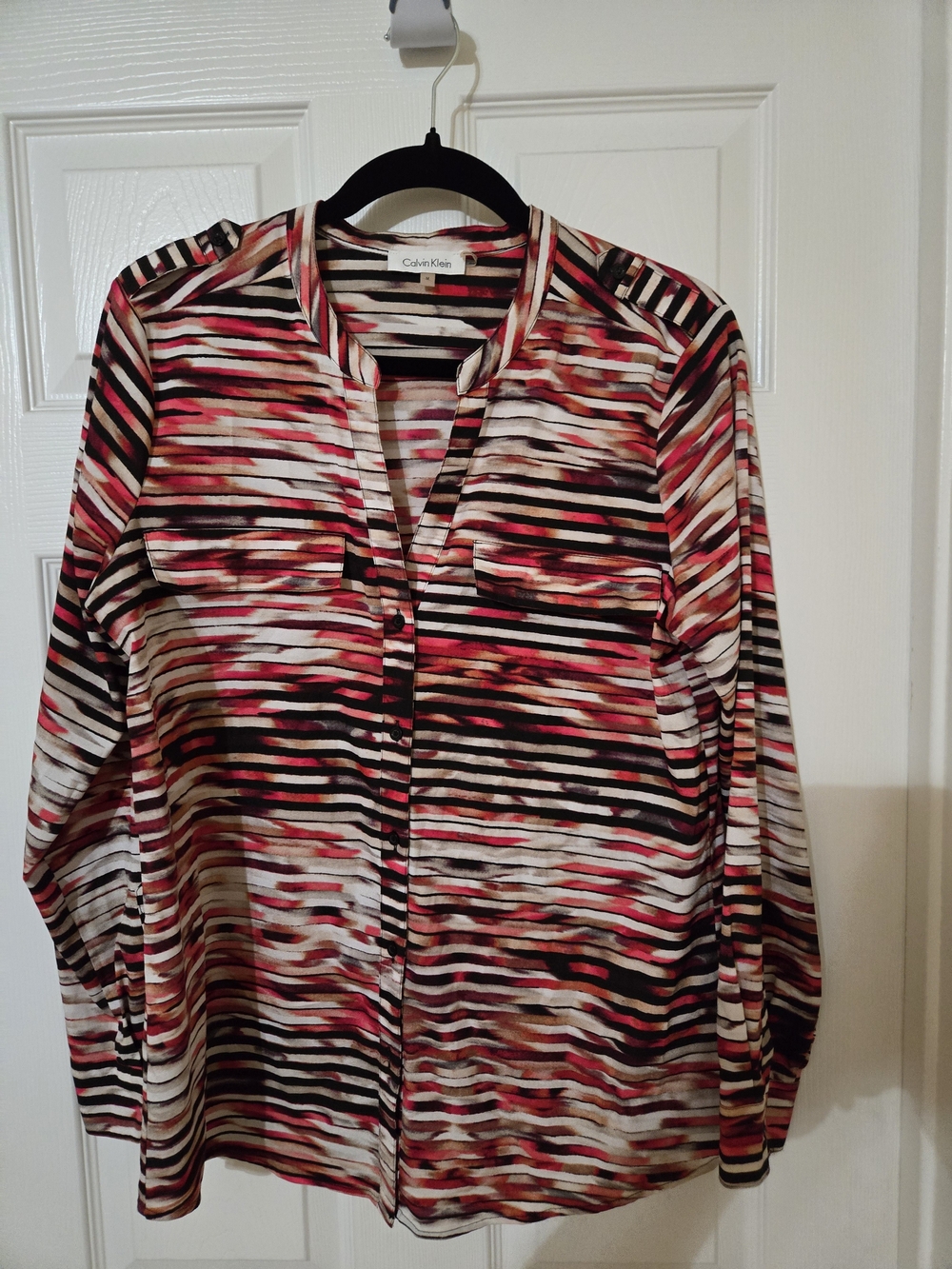 Calvin Klein Pink, Black & Cream Striped Long-Sleeve Blouse